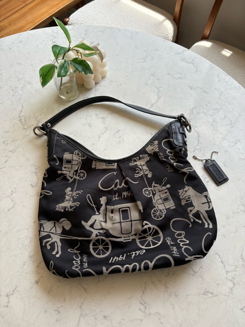 Coach Black Shoulder Bag with Silver Carriage Print
